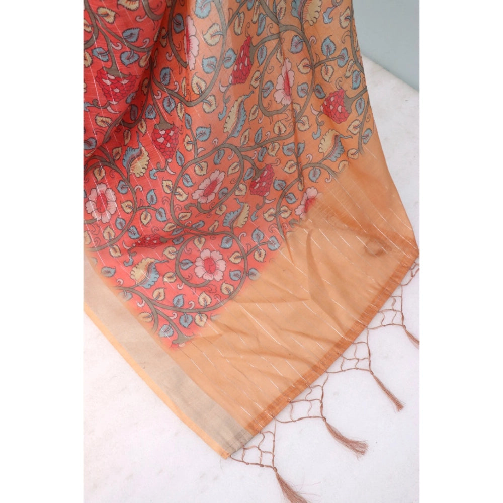 Orange linen digital print saree with unstitched blouse (5.5mtr), vibrant Indian traditional attire on mannequin