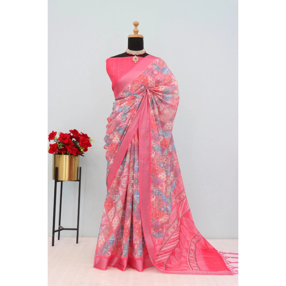 Women's pink linen digital print saree with unstitched blouse, 5.5Mtr, vibrant floral pattern on display