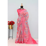 Women's pink linen digital print saree with unstitched blouse, 5.5Mtr, vibrant floral pattern on display
