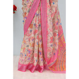 Pink linen digital print saree with unstitched blouse (5.5Mtr), vibrant pattern on display