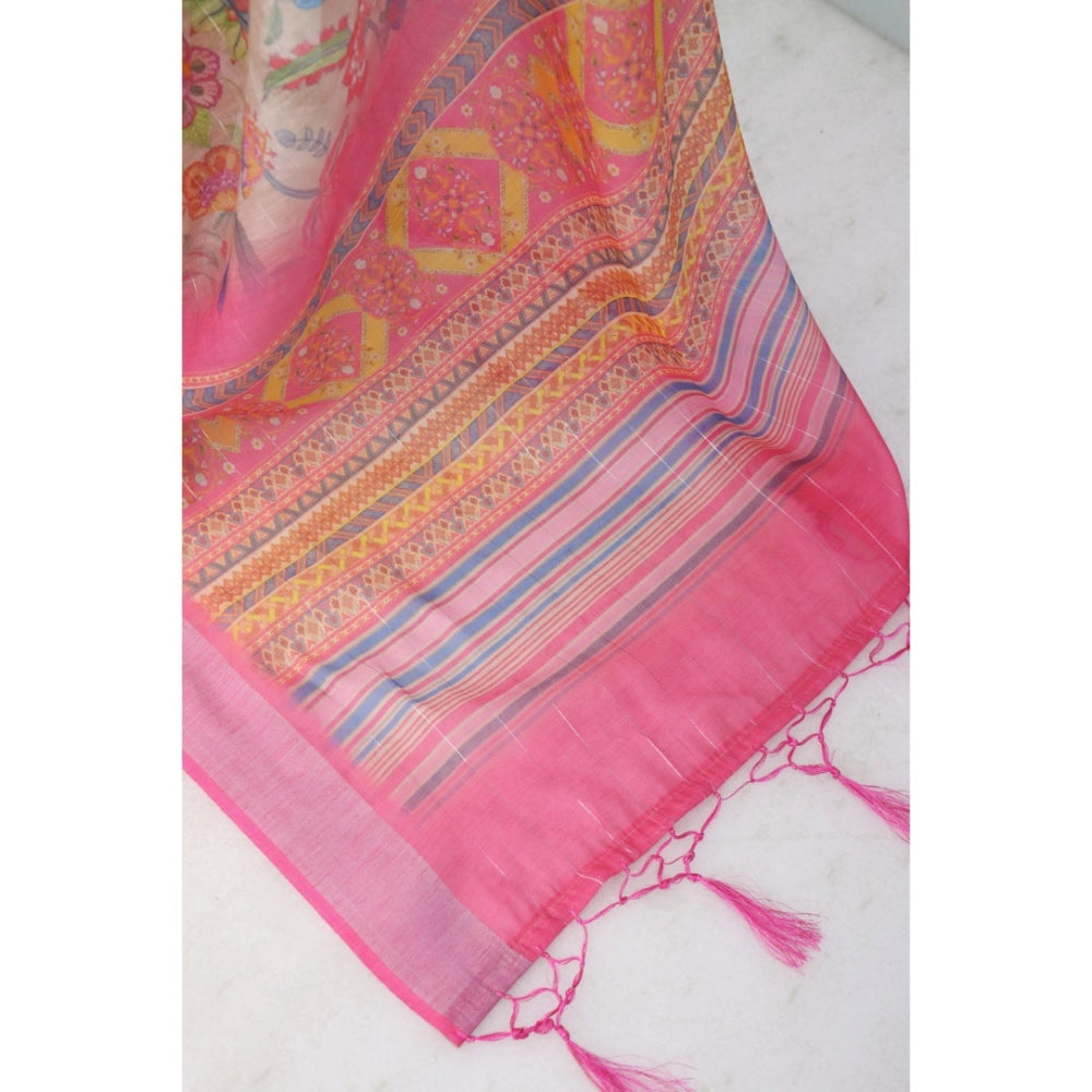 Pink linen digital print saree with unstitched blouse (5.5Mtr), vibrant pattern on display