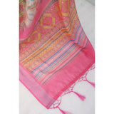 Pink linen digital print saree with unstitched blouse (5.5Mtr), vibrant pattern on display