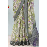 Green linen digital print saree with unstitched blouse (5.5Mtr)