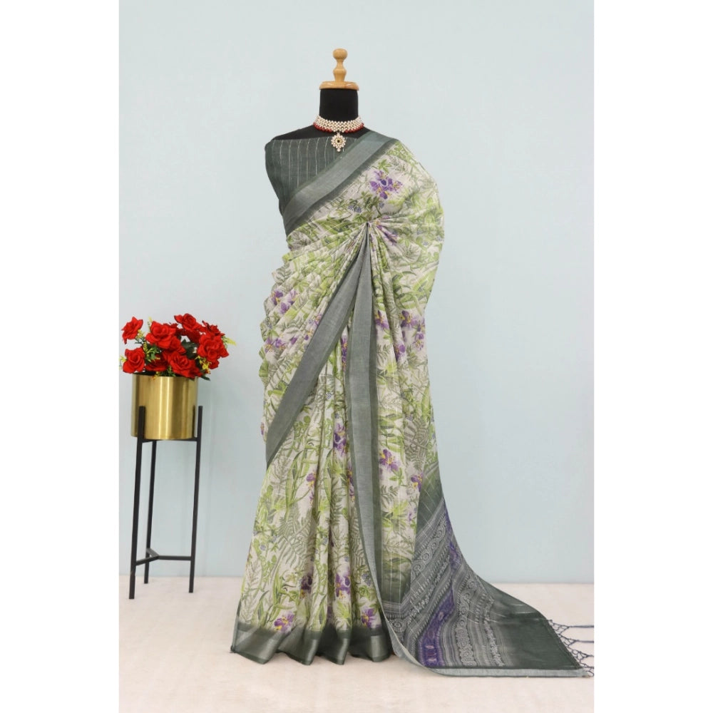 Green linen digital print saree with unstitched blouse, 5.5Mtr length on clothing hanger