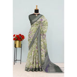 Green linen digital print saree with unstitched blouse, 5.5Mtr length on clothing hanger
