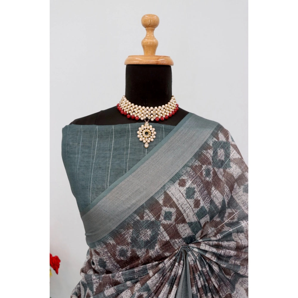 Grey linen digital print saree with unstitched blouse (5.5Mtr), women's traditional Indian attire on mannequin