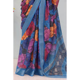Blue linen digital print saree with unstitched blouse, 5.5mtr length on display rack