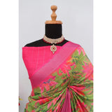 Green linen digital print saree with unstitched blouse (5.5Mtr)