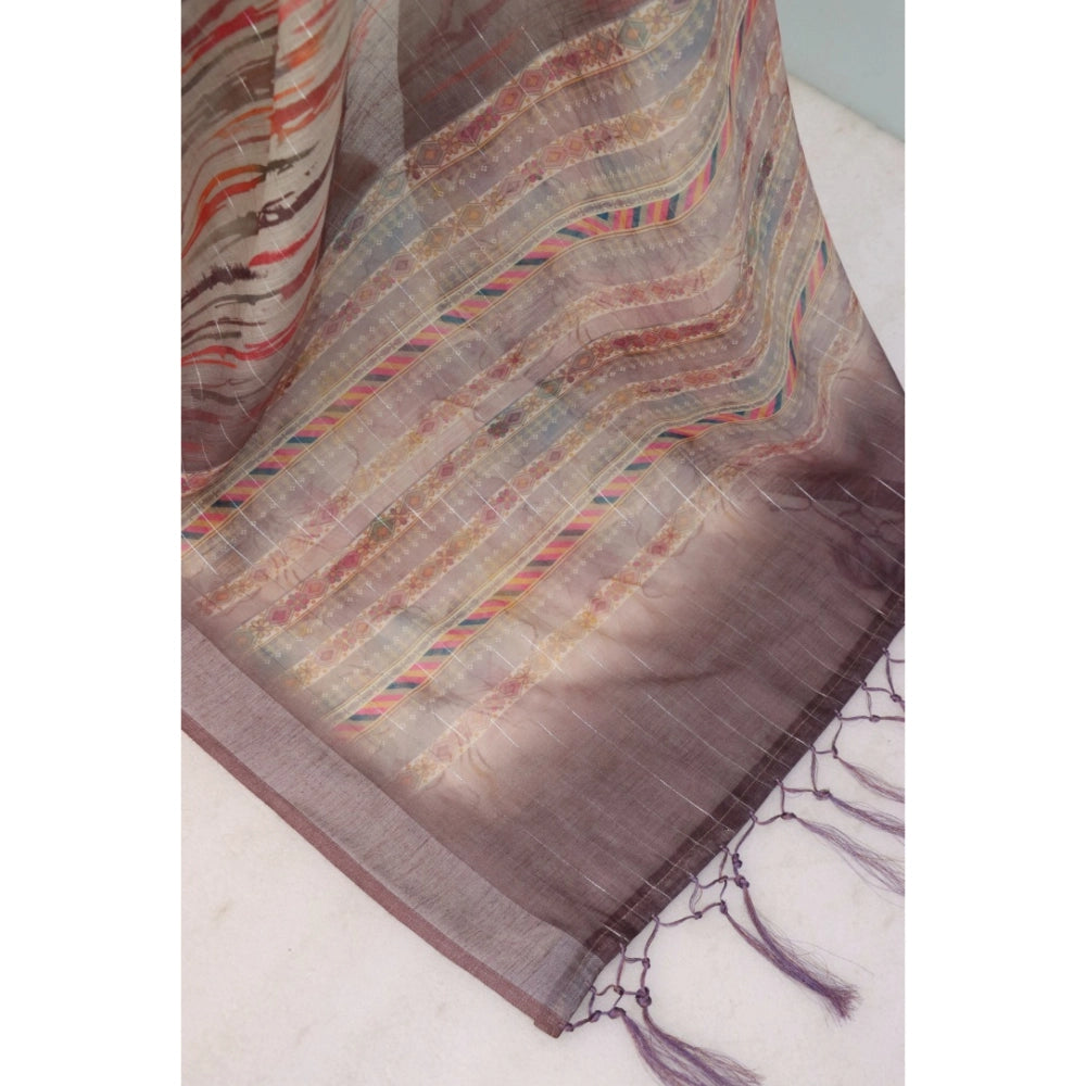 Grey linen digital print saree with unstitched blouse, perfect for traditional Indian wear