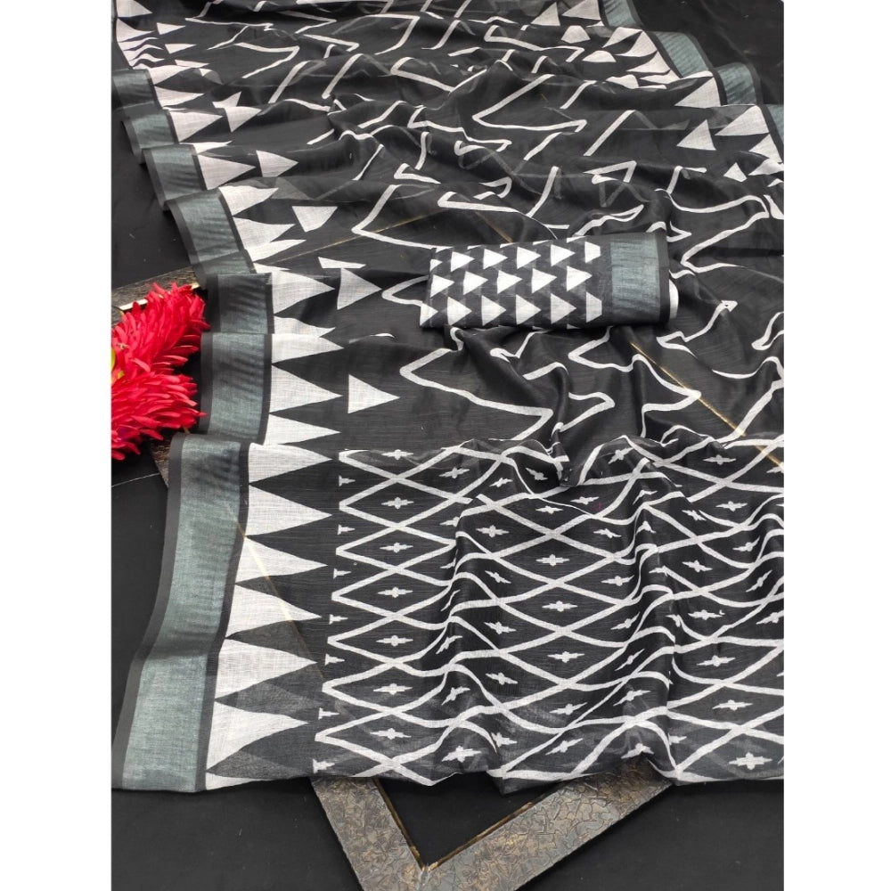 Black cotton linen woven saree with unstitched blouse, 5.5mtr length on mannequin