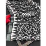 Black cotton linen woven saree with unstitched blouse, 5.5mtr length on mannequin