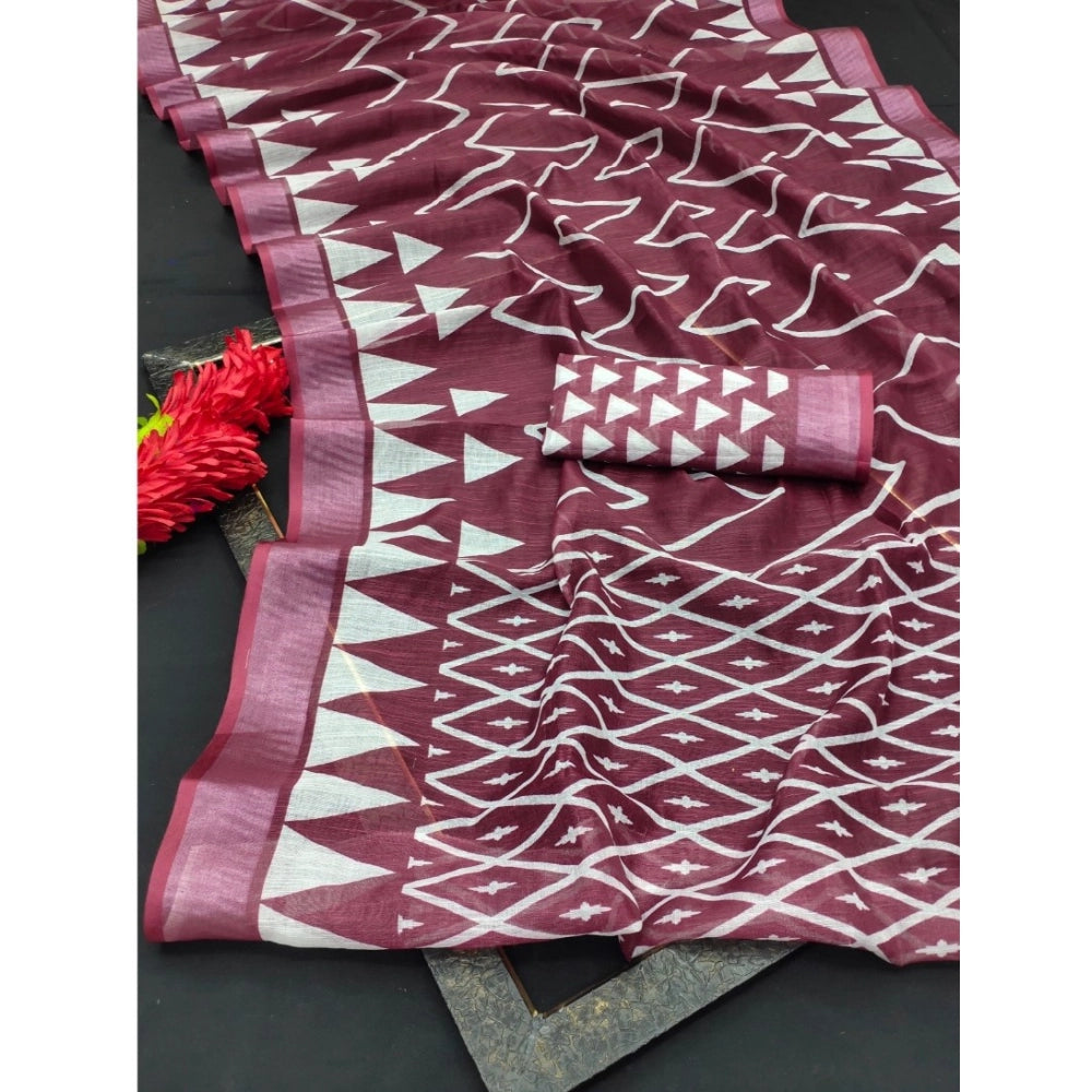 Maroon cotton linen woven design saree with unstitched blouse, 5.5mtr for women's traditional Indian fashion