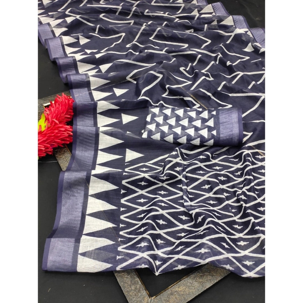 Grey cotton linen woven design saree with unstitched blouse, 5.5mtr length for women's traditional Indian wear