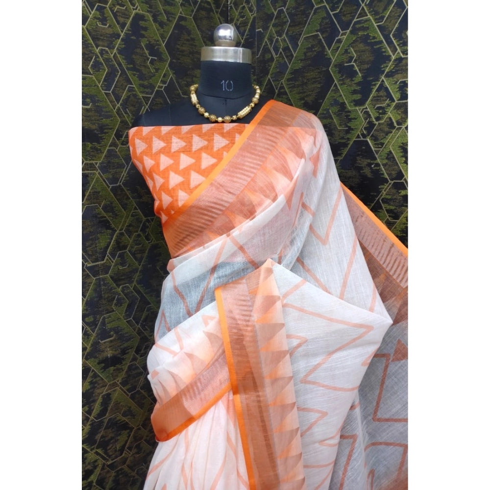 Orange cotton linen woven saree with unstitched blouse, 5.5mtr length on model