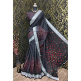 Black cotton linen digital print saree with unstitched blouse, 5.5mtr length