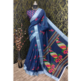 Blue cotton linen digital print saree with unstitched blouse (5.5mtr)