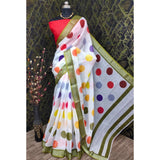 Multicolor cotton linen printed saree with unstitched blouse, vibrant ethnic wear for women on display