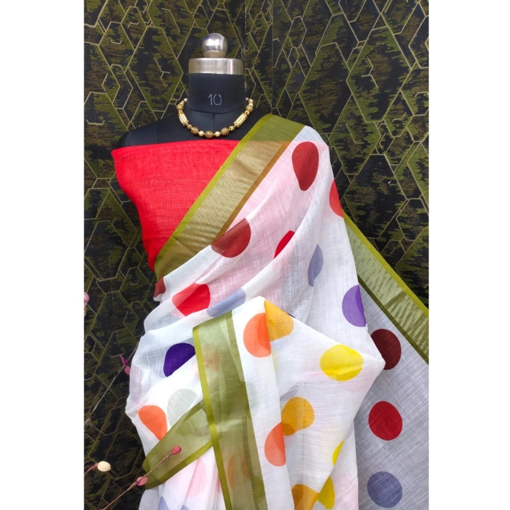 Multicolor cotton linen printed saree with unstitched blouse (5.5Mtr) on mannequin for Indian women's fashion