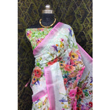 Women's pink cotton linen printed saree with unstitched blouse, 5.5Mtr - vibrant patterned traditional Indian wear