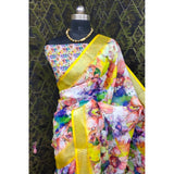 Yellow cotton linen printed saree with unstitched blouse, vibrant Indian traditional wear