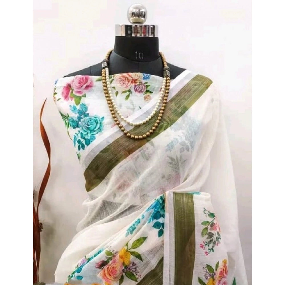 Multicolor cotton linen printed saree with unstitched blouse (5.5mtr), vibrant Indian fashion accessory on mannequin