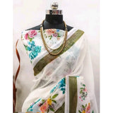 Multicolor cotton linen printed saree with unstitched blouse (5.5mtr), vibrant Indian fashion accessory on mannequin