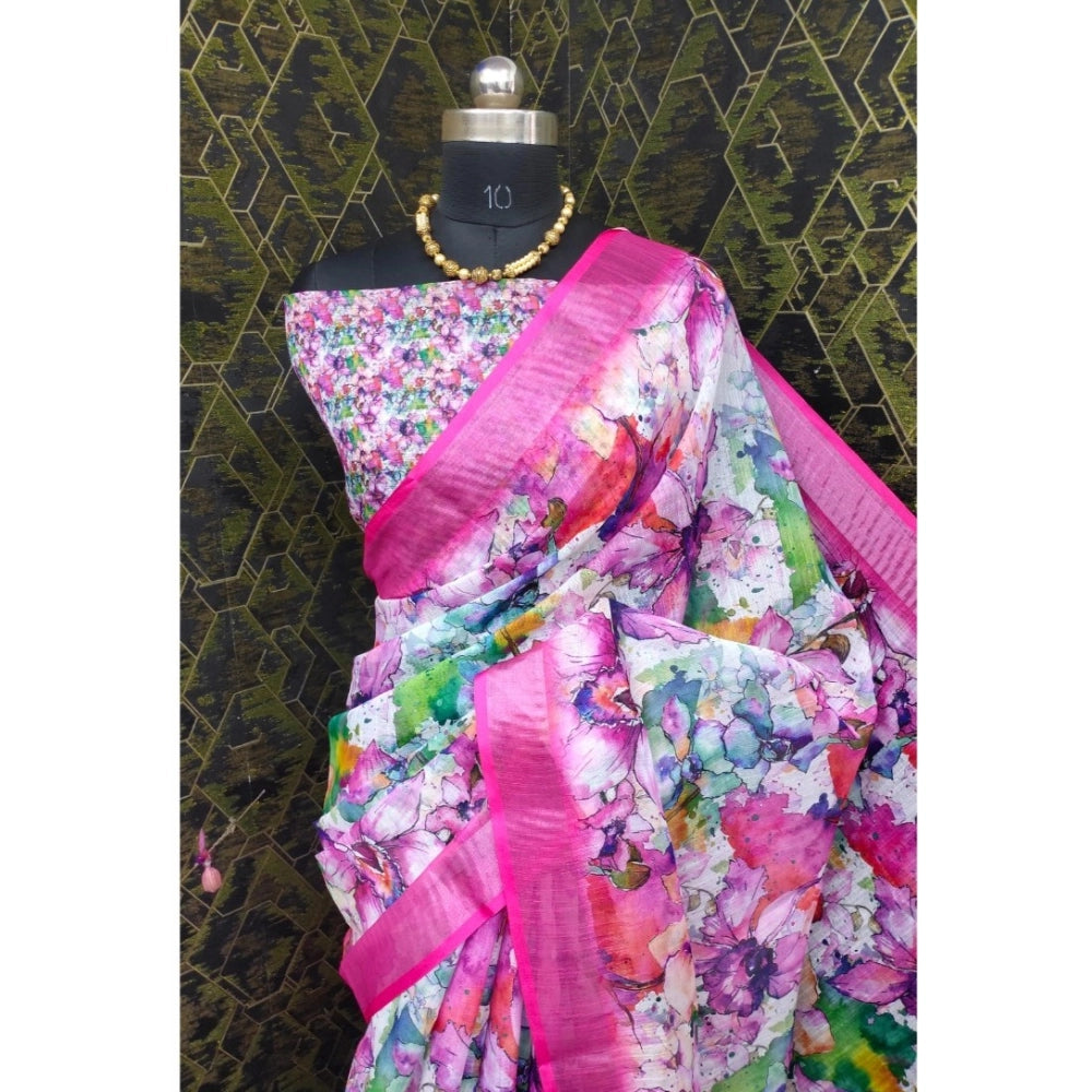 Cotton linen printed pink saree with unstitched blouse, vibrant floral design for traditional Indian wear