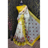 Yellow cotton linen woven design saree with unstitched blouse, 5.5mtr length on model