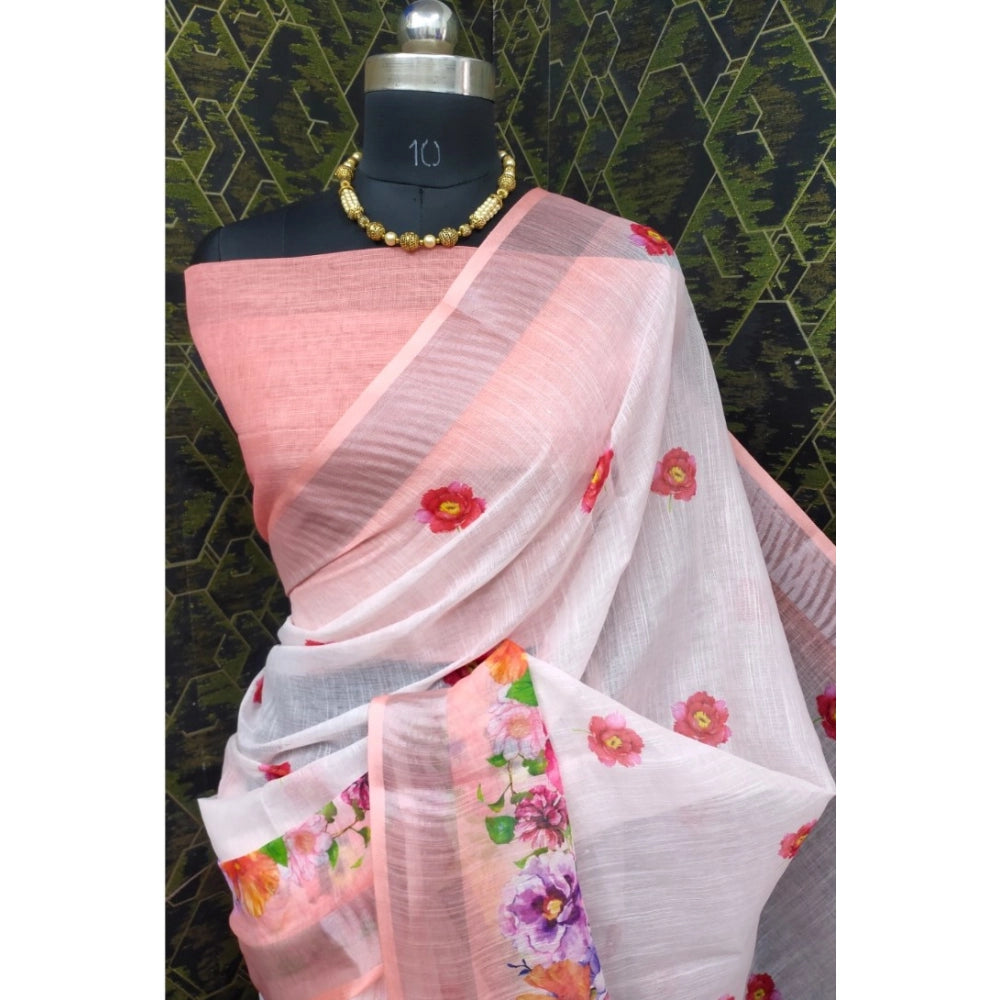 Women's peach cotton linen saree with unstitched blouse, 5.5mtr, intricate woven design