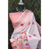 Women's peach cotton linen saree with unstitched blouse, 5.5mtr, intricate woven design