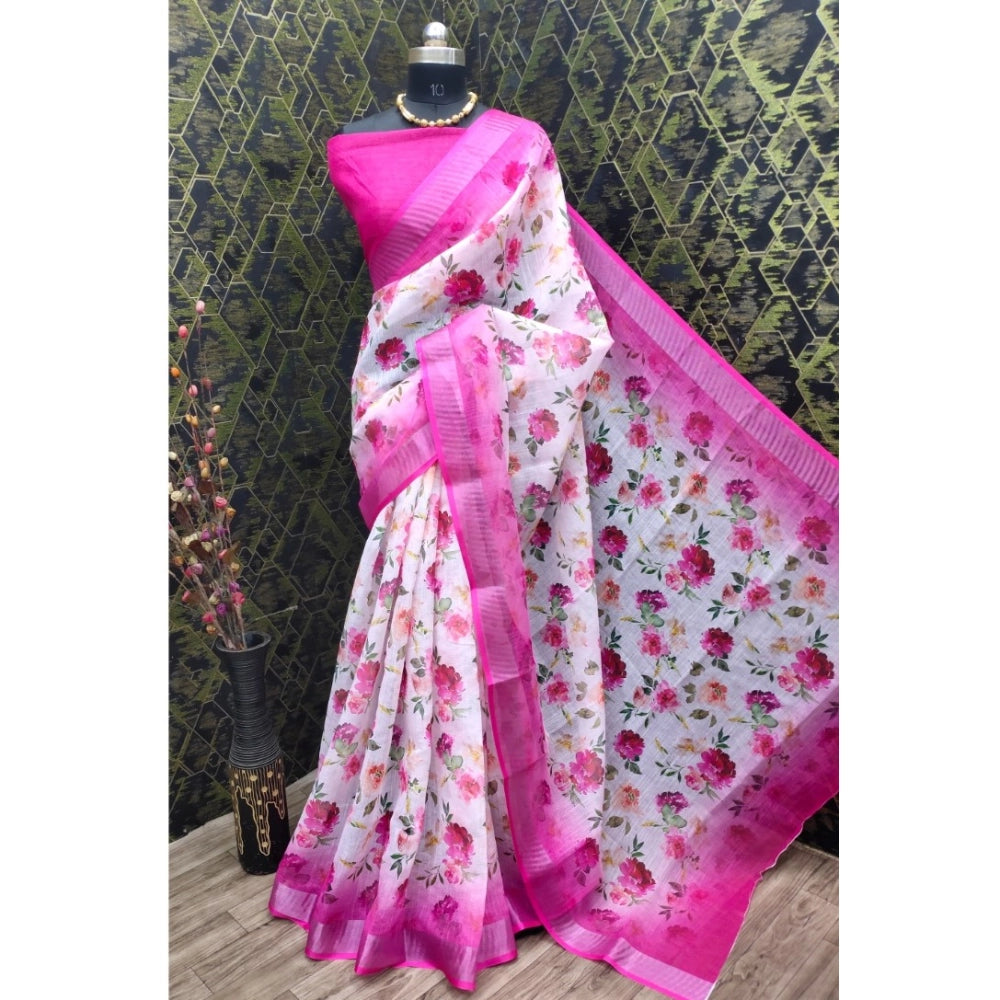 Pink cotton linen woven saree with unstitched blouse, 5.5mtr length