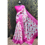 Pink cotton linen woven saree with unstitched blouse, 5.5mtr length