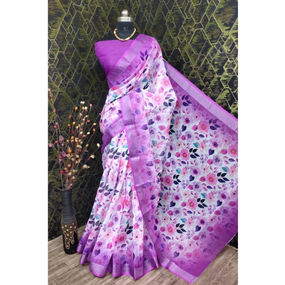 Purple cotton-linen woven saree with unstitched blouse (5.5Mtr), traditional Indian attire for women