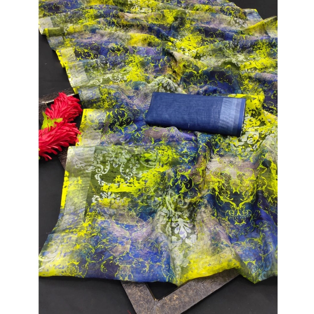 Blue cotton linen woven design saree with unstitched blouse, 5.5Mtr