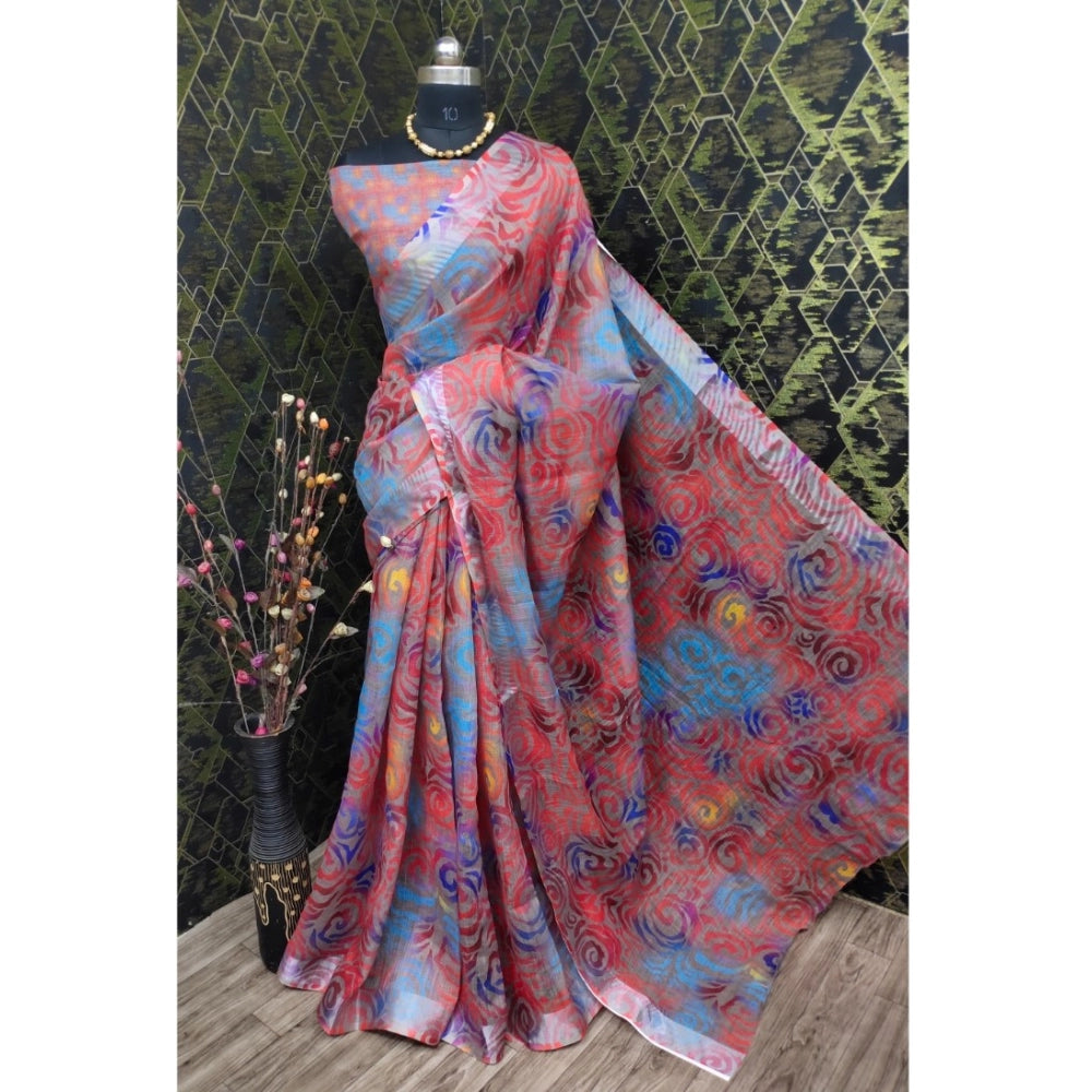 Red cotton linen woven saree with unstitched blouse (5.5mtr), traditional Indian fashion accessory