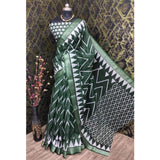 Green cotton linen woven saree with unstitched blouse (5.5mtr), traditional Indian attire on mannequin
