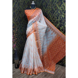 Orange cotton linen woven design saree with unstitched blouse (5.5mtr), traditional Indian fashion accessory