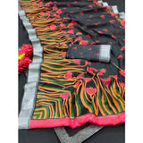 Black cotton linen digital print saree with unstitched blouse (5.5Mtr) - stylish women's traditional wear