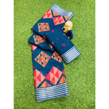 Blue cotton linen digital print saree with unstitched blouse (5.5mtr)