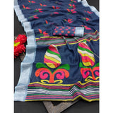 Blue cotton linen digital print saree with unstitched blouse, 5.5Mtr length for women's traditional Indian wear
