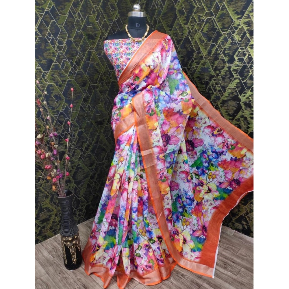 Orange cotton linen printed saree with unstitched blouse, vibrant ethnic wear for women