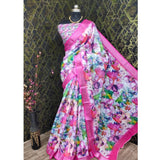 Pink cotton linen printed saree with unstitched blouse (5.5Mtr) - vivid floral pattern on traditional Indian attire
