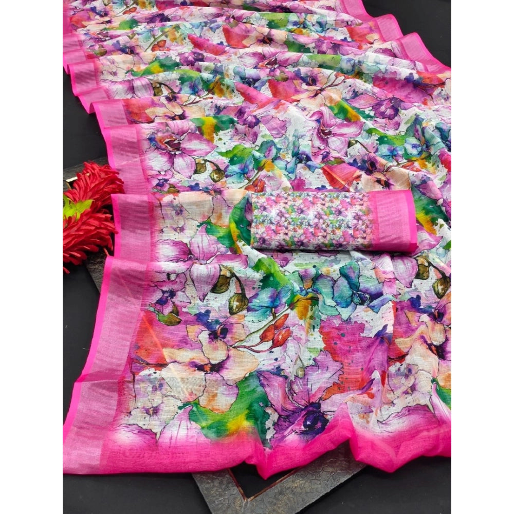 Pink cotton linen printed saree with unstitched blouse (5.5Mtr), traditional Indian wear for women