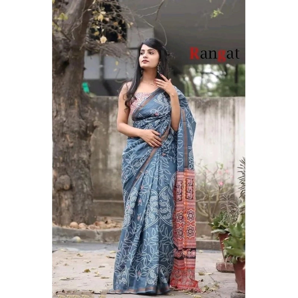 Grey cotton linen printed saree with unstitched blouse (5.5Mtr) on hanger