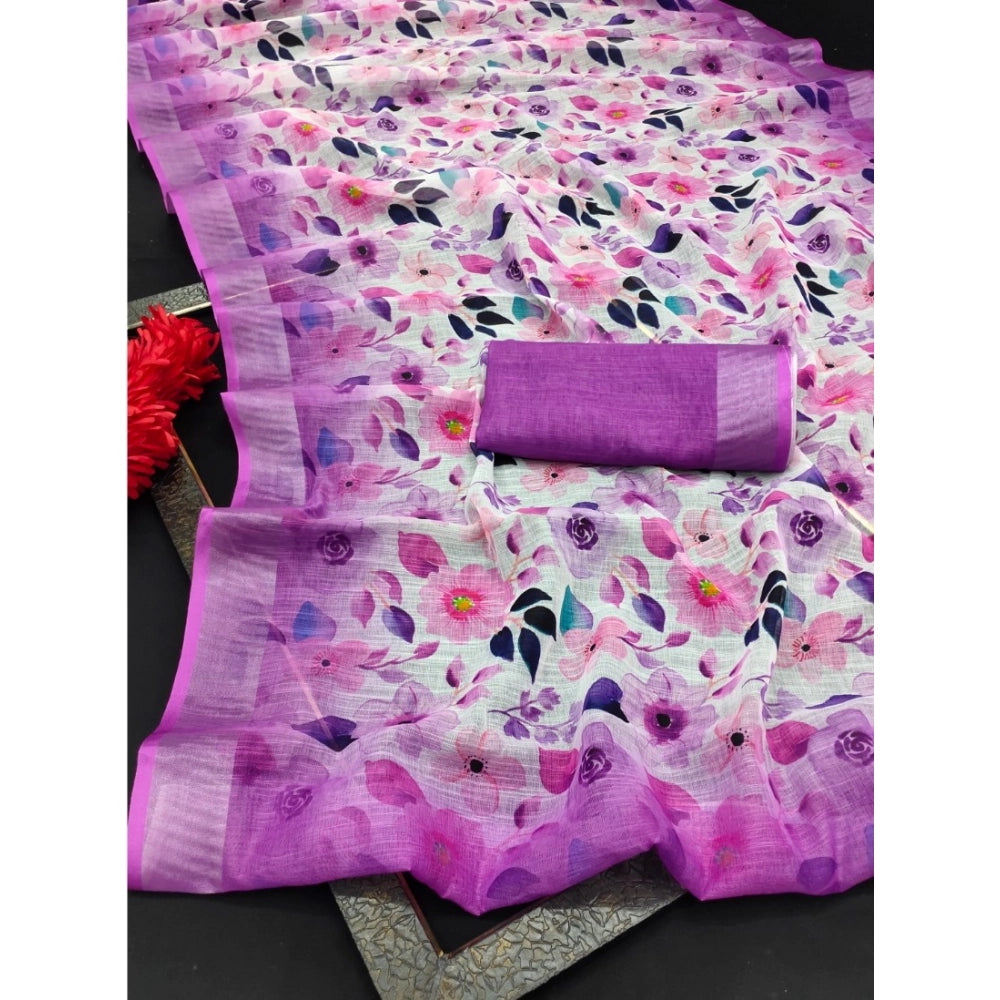 Purple cotton-linen woven design saree with unstitched blouse (5.5Mtr)