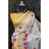 Yellow cotton linen woven design saree with unstitched blouse, 5.5Mtr for women's ethnic fashion