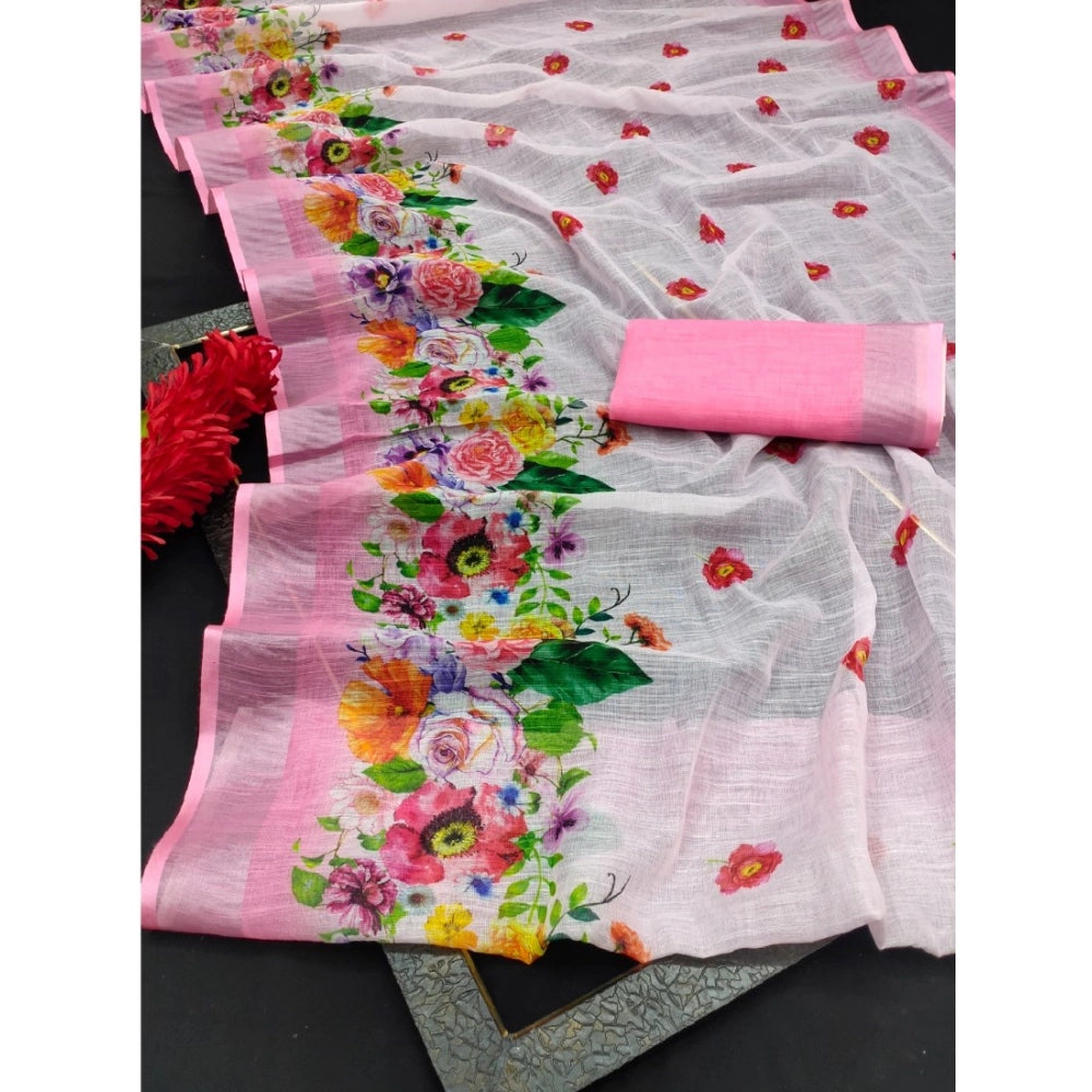 Pink cotton-linen woven saree with unstitched blouse (5.5Mtr) on hanger