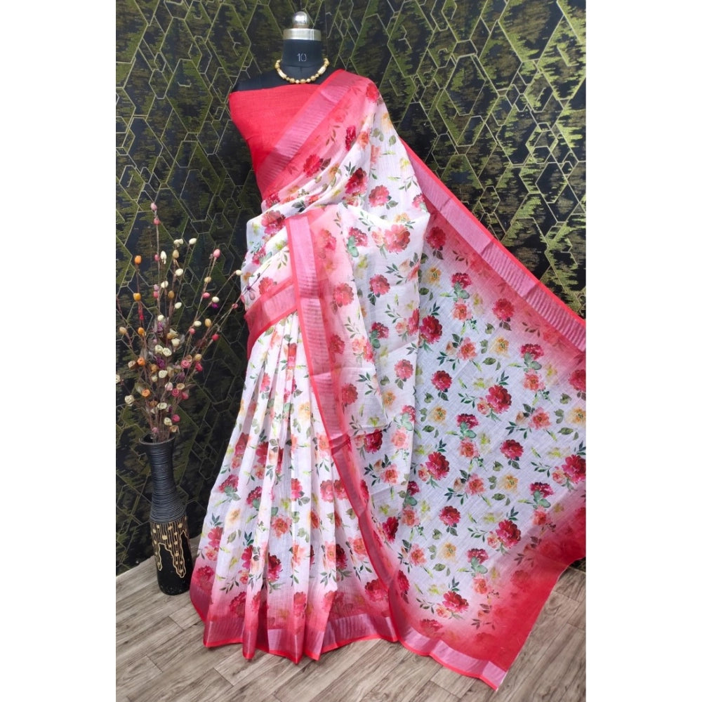 Red cotton linen woven saree with unstitched blouse (5.5Mtr)