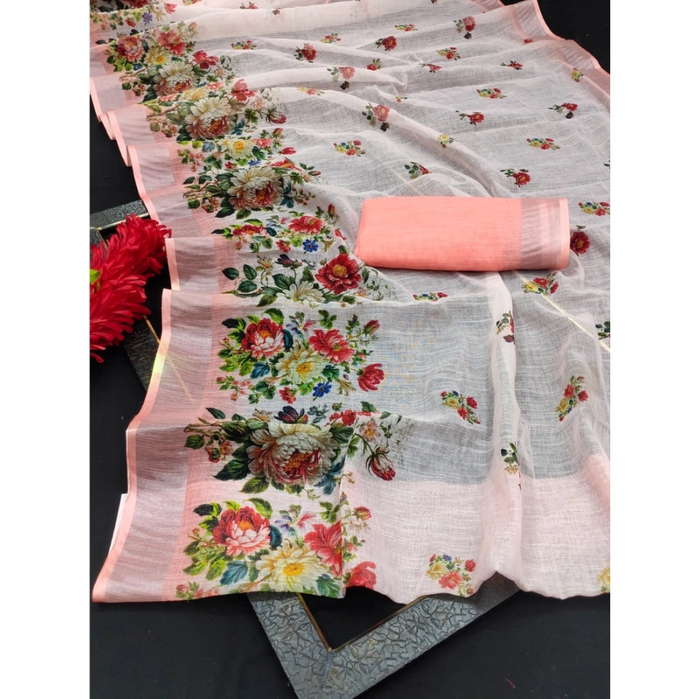 Peach cotton linen woven saree with unstitched blouse, 5.5Mtr length on mannequin