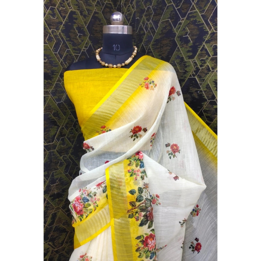Yellow cotton linen woven design saree with unstitched blouse, 5.5mtr length for women's traditional Indian attire
